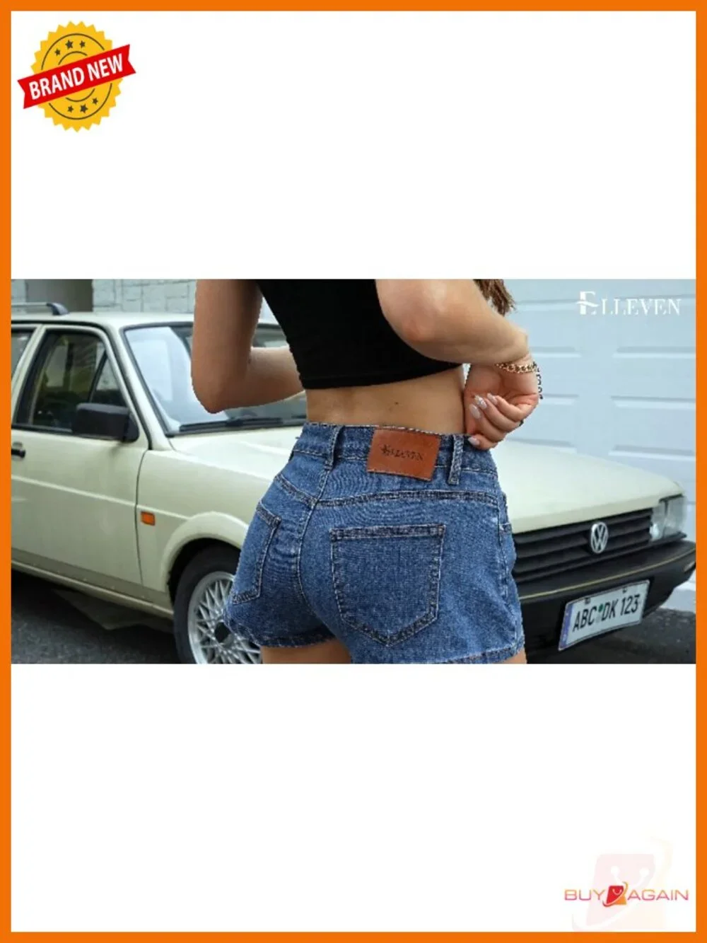 Low Rise Baggy Jean Shorts - High Stretch Denim Mini Jorts with Leather Patch